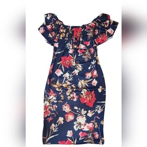Navy blue floral bodycon  dress with ruffled neckline. Knee length. Size M.
